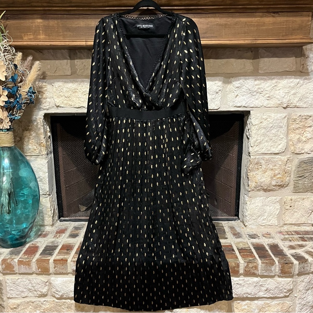 Little Mistress Black and Gold Satin Pleated Midi Dress